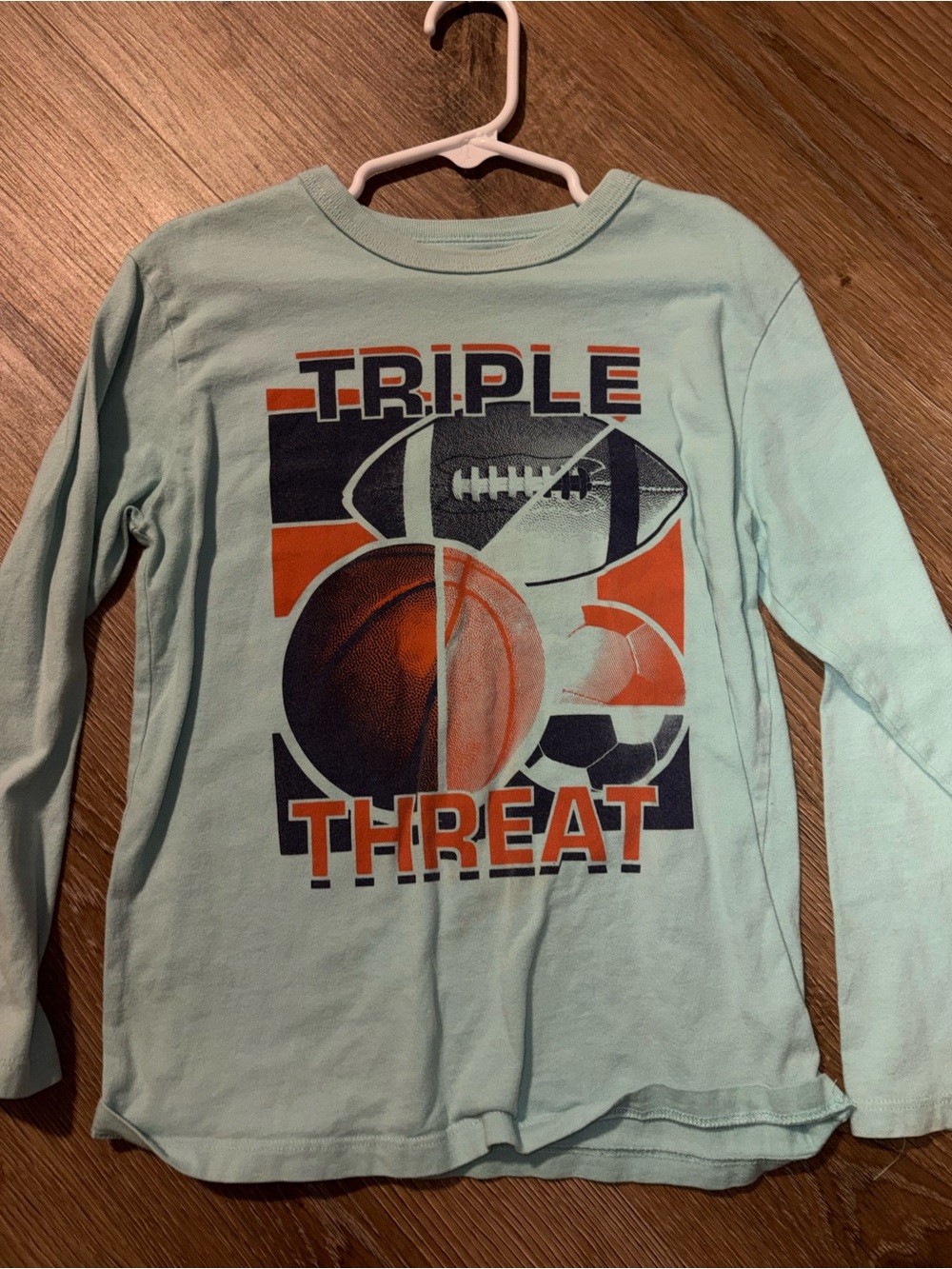 3/$20! Boys Kids small (6-7) sports shirt 'Triple Threat' Long Sleeve Tee Blue